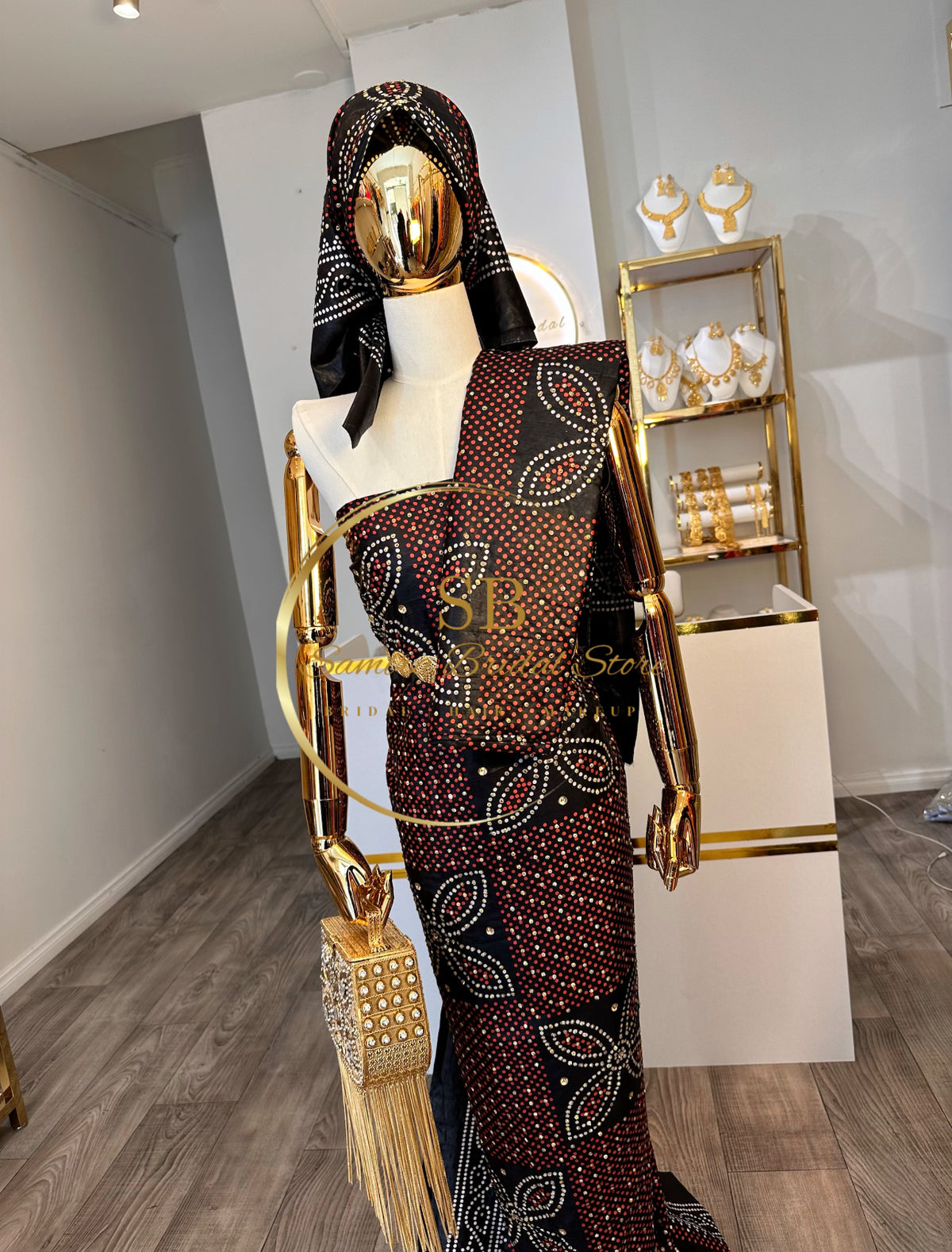 Bridal Shaash with stone work - Red & Black